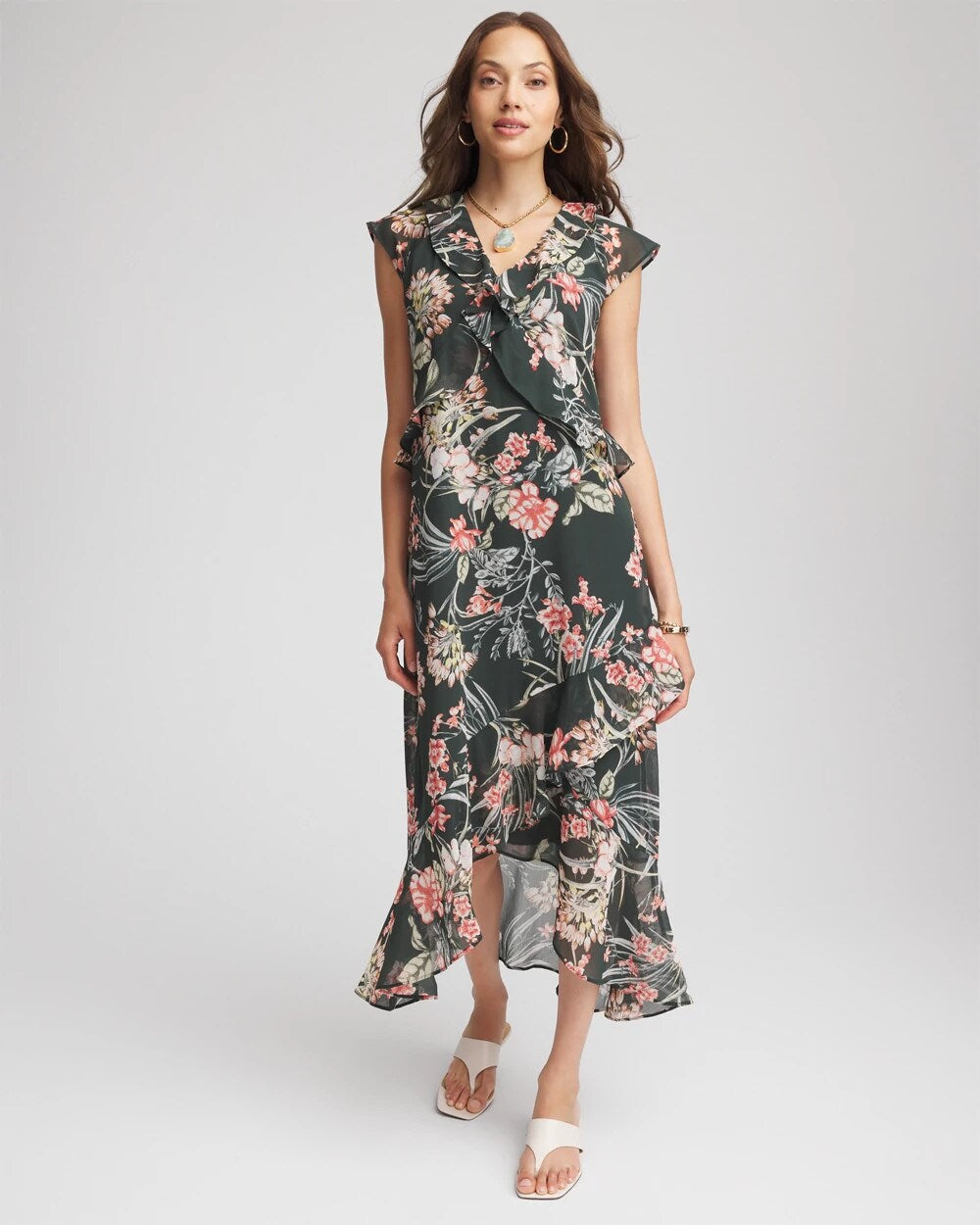 Floral Ruffle-Trim Chiffon Dress - Chico's