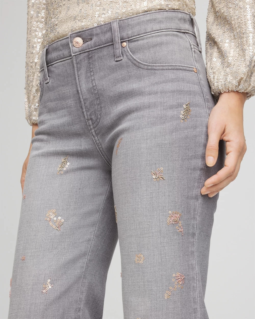 Petite Rose Gold Embroidered Girlfriend Flared Jeans - Chico's